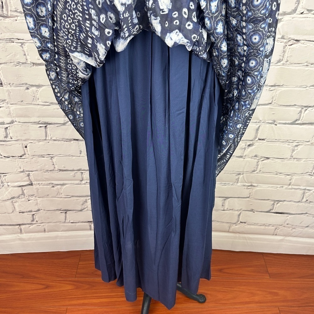 Hale Bob Ilona Silk Chiffon Maxi Dress Floral Small Navy Smocked Puff Sleeve - Picture 6 of 16